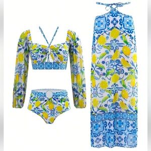 310. Blue and Yellow Lemon Print Bikini Set with Cover-Up